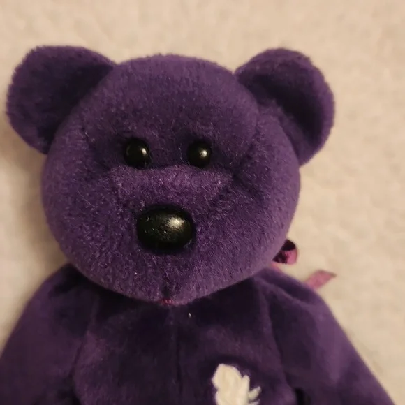 Vintage 90' Princess Diana Rosette Floral Embroidery TY Beanie Baby Purple Bear - Picture 3 of 10